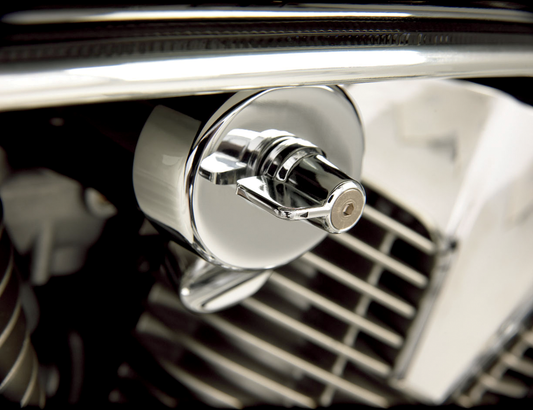Chrome fuel cover valve for engine by Bill's Exhausts, showing a shiny, polished metal finish on a vehicle engine component.