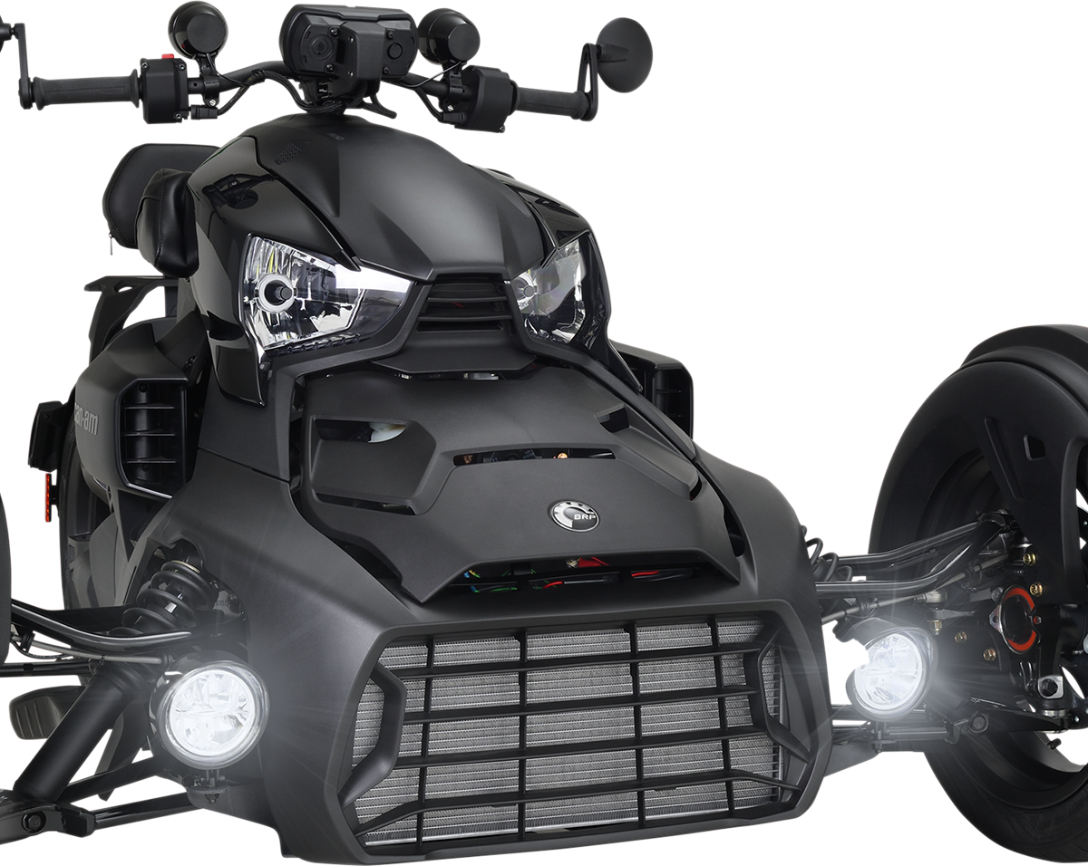 Black Show Chrome LED driving light kit for Ryker, engine-mounted, by Bill's Exhausts, designed for enhanced visibility and style.