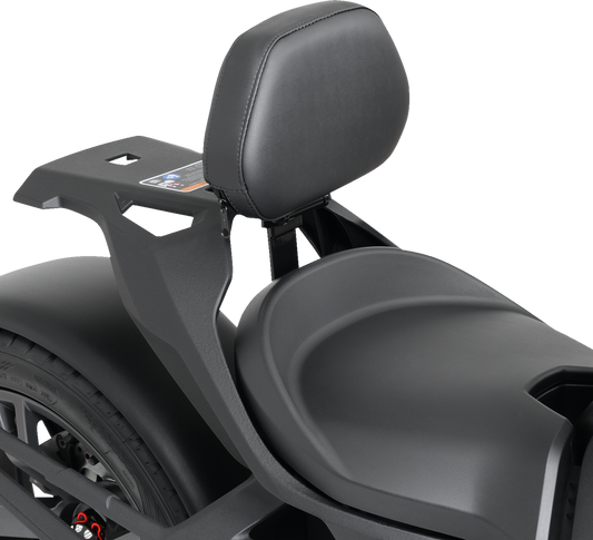 Black SHOW CHROME Quick-Detach Backrest for Ryker 2020-2022, engine accessory by Bill's Exhausts, shown attached to motorcycle.