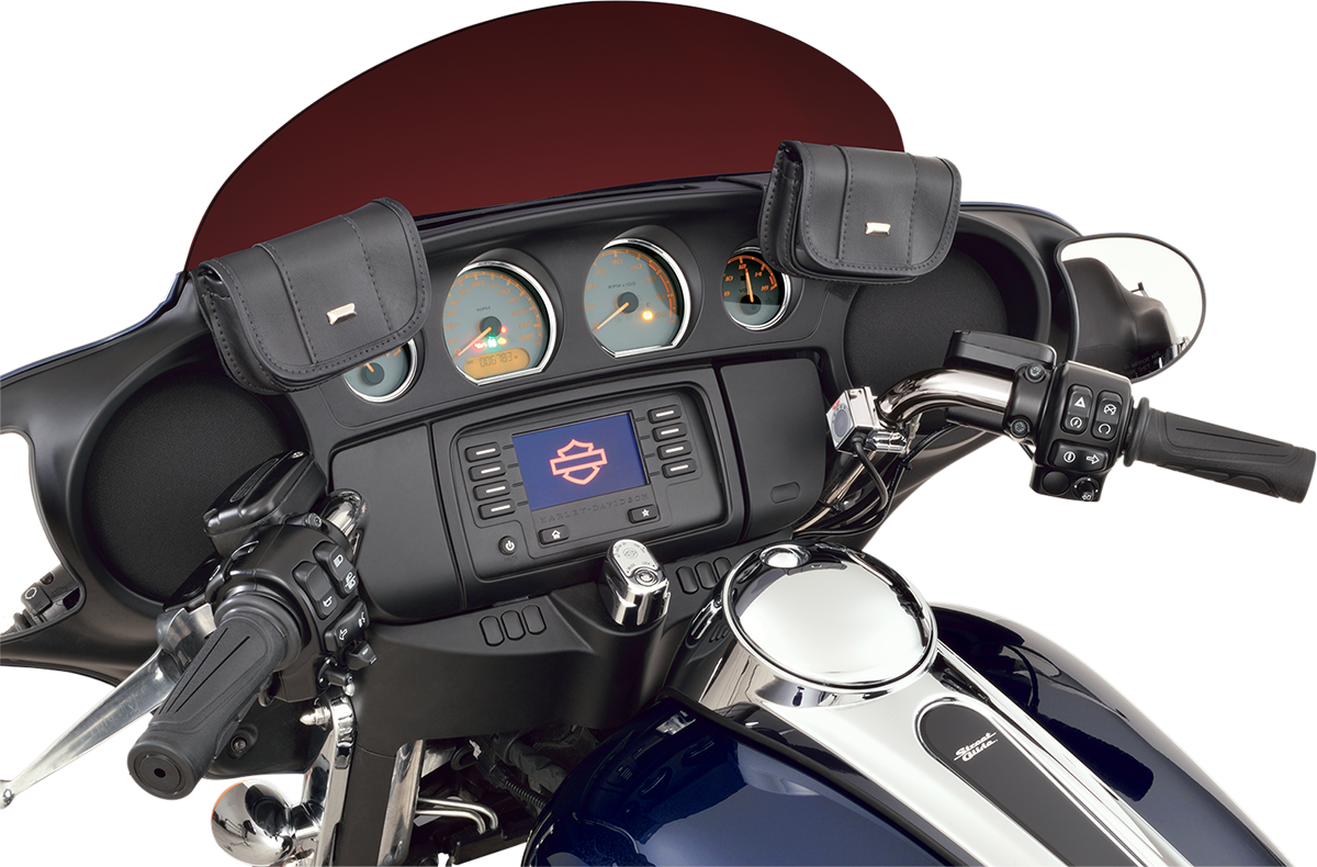 Show Chrome windshield pouch for FLH Harley-Davidson engine, black chrome finish, durable storage accessory by Bill's Exhausts.