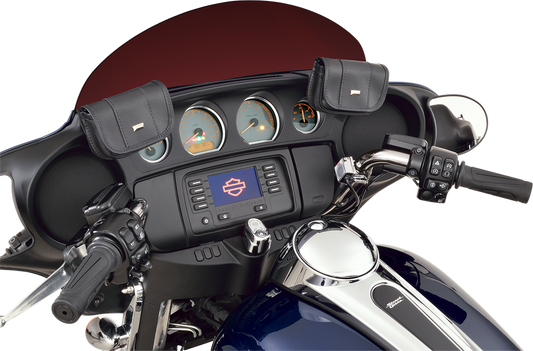 Show Chrome windshield pouch for FLH Harley-Davidson engine, black chrome finish, durable storage accessory by Bill's Exhausts.
