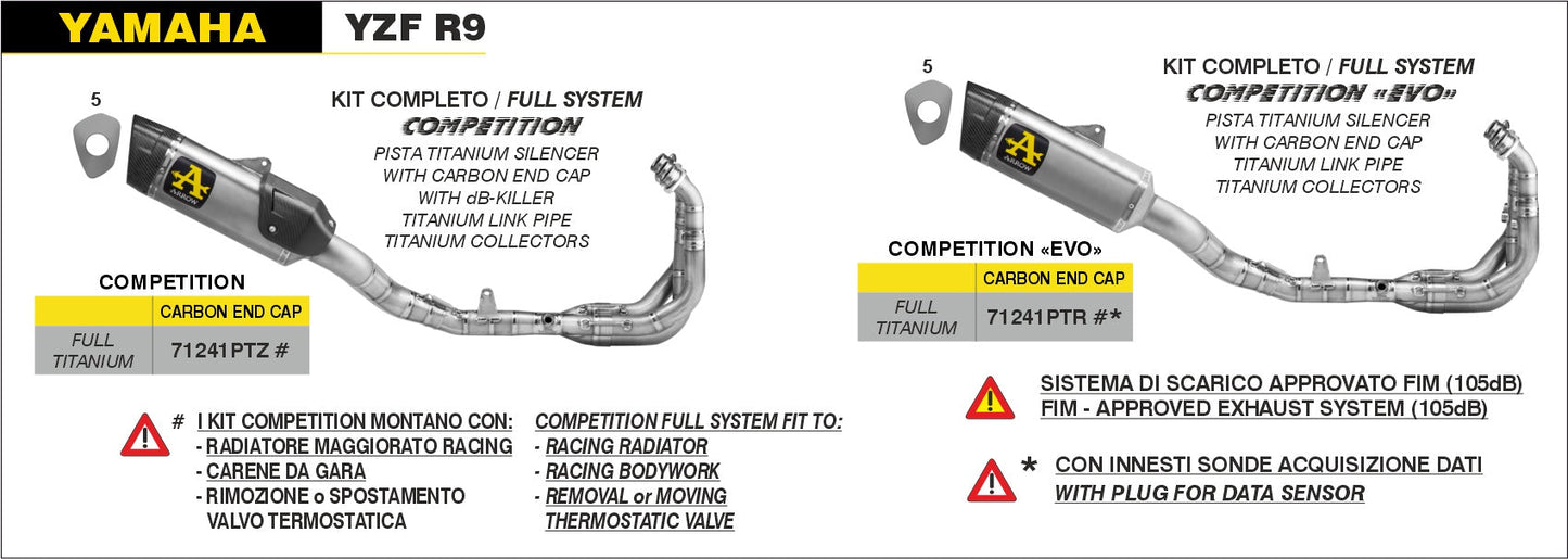 Bill's Exhausts Arrow YZF R9 2025 Competition Evo titanium full system exhaust with no db killer, 105db sound.