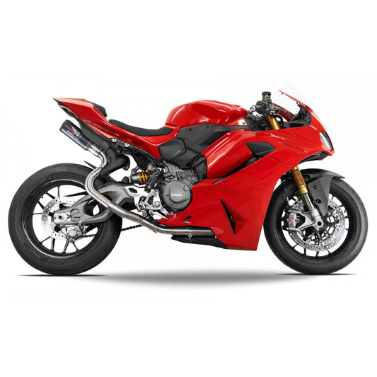 Austin Racing 2025 Ducati Panigale V2 Race De-Cat Exhaust Pipe by Bill's Exhausts, showing the sleek, metallic motorcycle exhaust part.