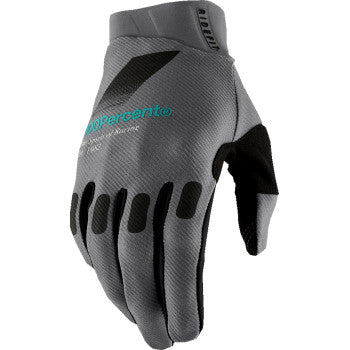 Bill's Exhausts Ridefit gloves in petrol color, small size, showing durable leather construction and secure wrist closure.