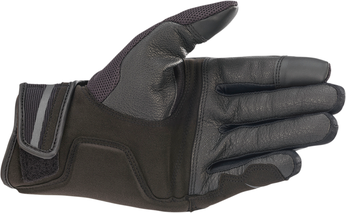 Alpinestars Chrome Gloves in black and tar gray, medium size, with protective knuckles and adjustable wrist strap.