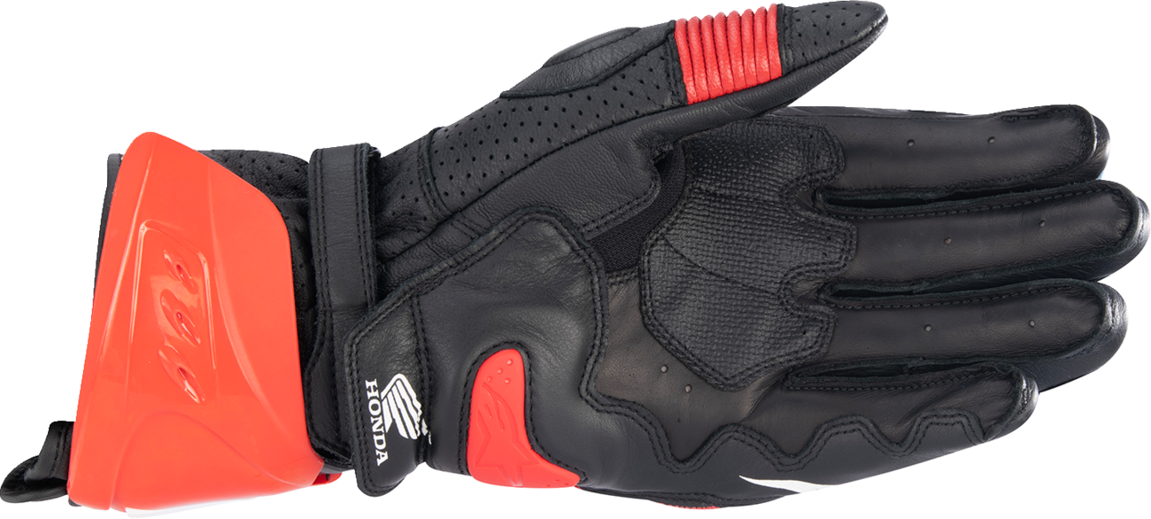Alpinestars Honda GP Pro R3 motorcycle gloves in black, bright red, and blue with protective padding, size small.