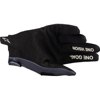 Alpinestars Radar MX gloves in dark camo, medium size, with padded palms and adjustable wrist straps for motocross riding.