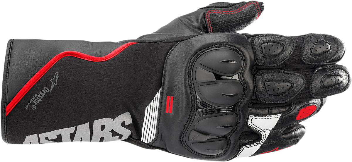 Alpinestars SP-365 Drystar gloves in black, fluo red, and white, size small, showing the protective riding glove design.