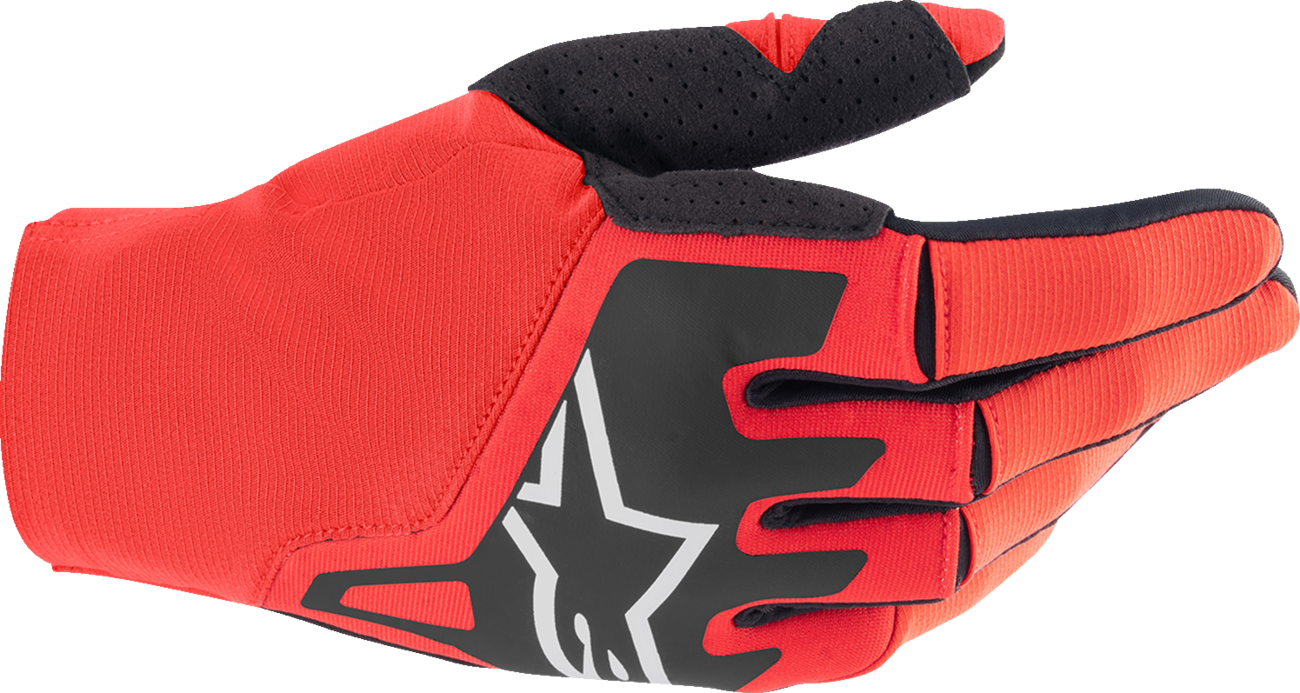Alpinestars Techstar gloves in Mars Red and Black, size XL, featuring protective knuckles and breathable fabric for motorcycle riding.