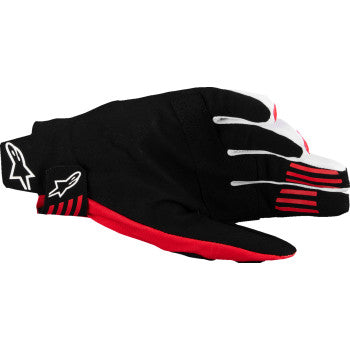 Alpinestars Techstar MX gloves in black and bright red, size XL, with reinforced palms and breathable mesh panels.