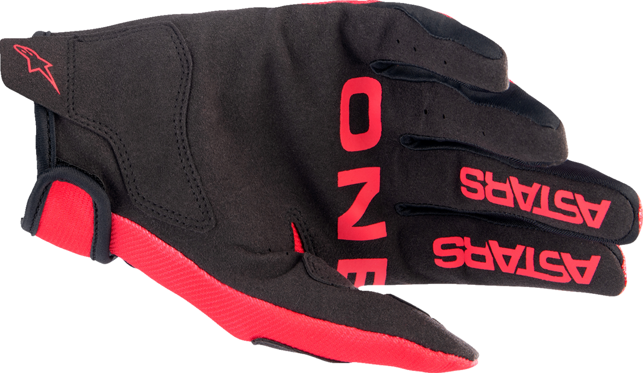 Alpinestars Youth Radar gloves in red and white, large size, showing the sporty motorcycle glove design with protective features.