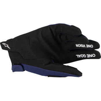 Alpinestars Youth Radar MX Gloves in night navy and white, XS size, featuring durable construction and motocross-style design.