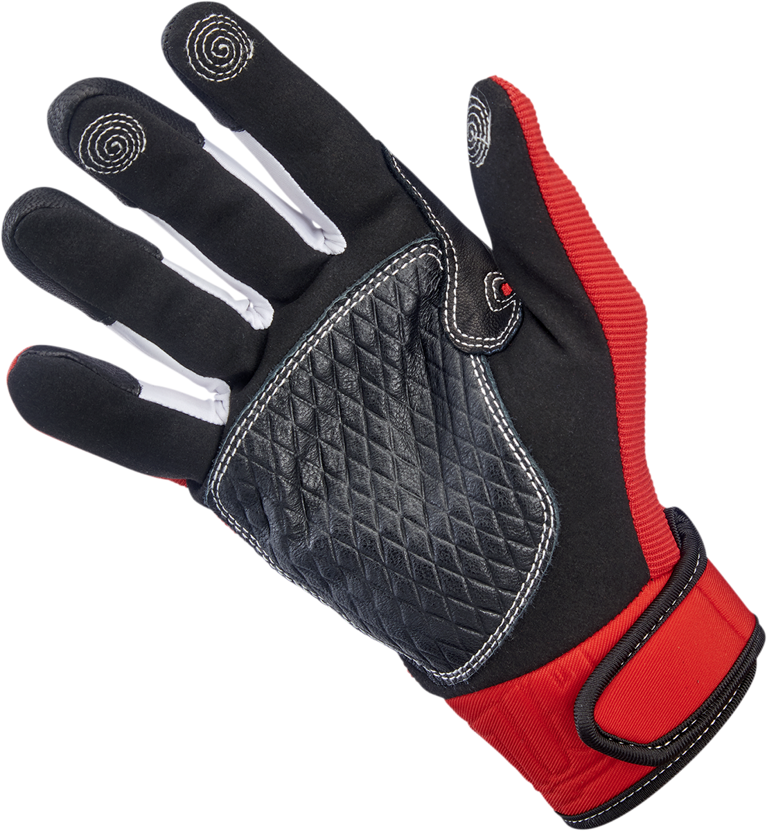 Red Biltwell Baja Gloves in XS size, featuring durable motorcycle glove design with reinforced palms and adjustable wrist strap.
