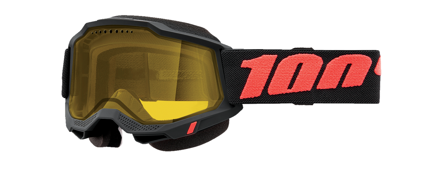 Bill's Exhausts 100% Accuri 2 Borego Yellow goggles with clear lenses and adjustable strap for motocross riding.