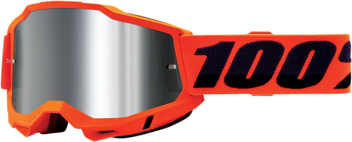 Bill's Exhausts 100% Accuri 2 Goggles in neon orange with silver mirror lenses, featuring a sleek, sporty design for active wear.