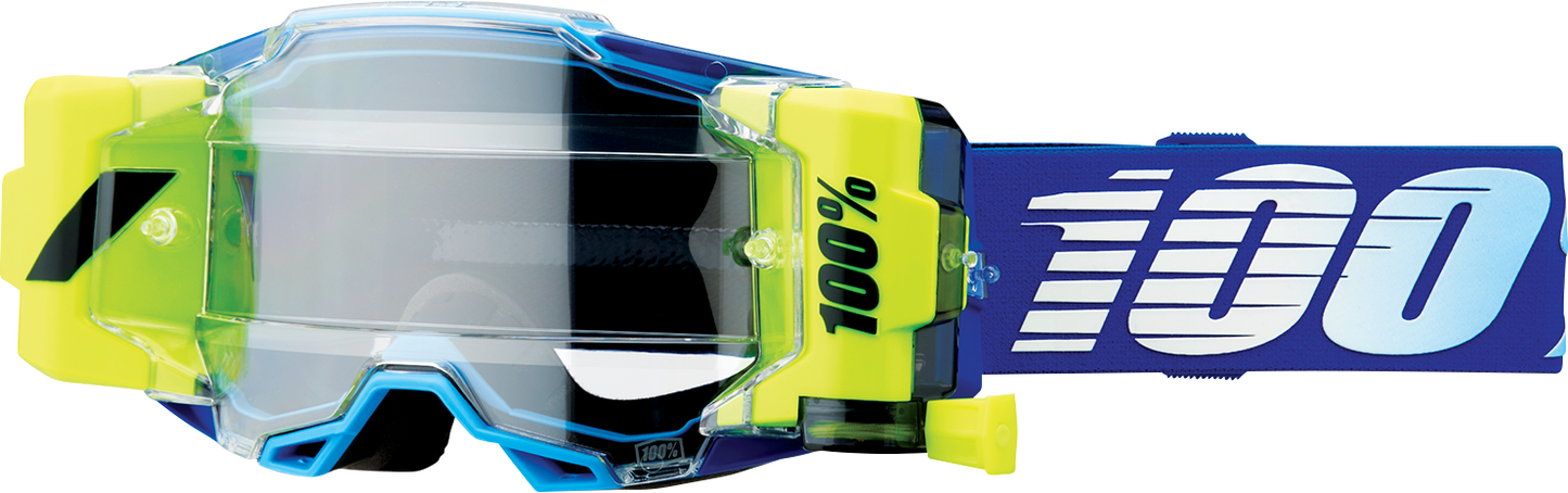 Bill's Exhausts 100% Armega Forecast Goggles in royal blue with clear lenses, designed for motorcycle or sports use.