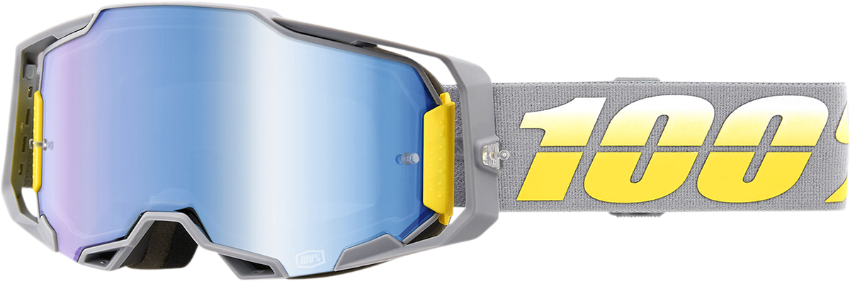 Bill's Exhausts 100% Armega Goggles Complex Blue Mirror with adjustable strap and reflective lens for eye protection and style.