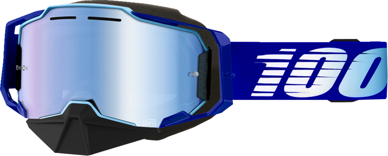 Bill's Exhausts 100% Armega Snow Goggles in royal blue with mirror lenses, designed for winter sports and snowboarding.
