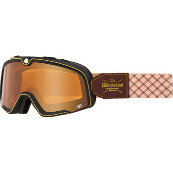 Bill's Exhausts 100% Barstow Goggle Solace in Persimmon, featuring a secure strap and tinted lens for motorcycle riding.