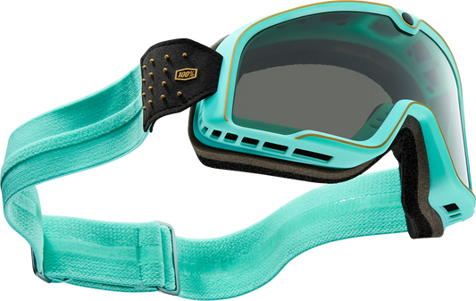 Bill's Exhausts 100% Barstow Goggles in Cardif smoke lens, featuring a sleek design and adjustable strap for motorcycle riding.