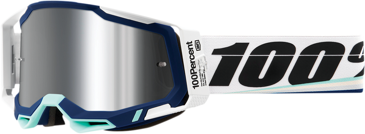 Bill's Exhausts 100% Racecraft 2 Goggles with silver mirror lenses, featuring a sleek design and adjustable straps.