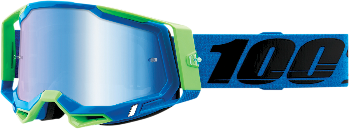 Bill's Exhausts 100% Racecraft 2 goggles in Fremont blue mirror with tinted lenses and adjustable strap.