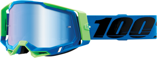 Bill's Exhausts 100% Racecraft 2 goggles in Fremont blue mirror with tinted lenses and adjustable strap.