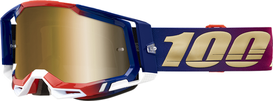 Bill's Exhausts 100% Racecraft 2 goggles in True Gold with tinted lenses, featuring a sleek design for motocross and off-road riding.