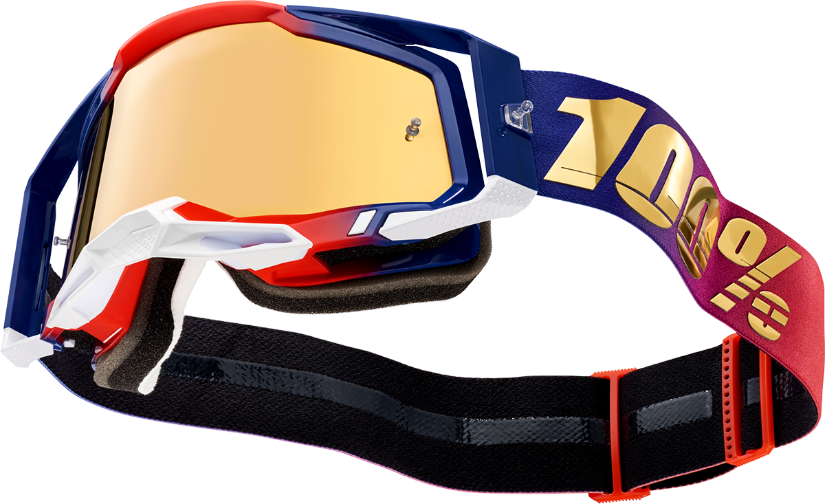 Bill's Exhausts 100% Racecraft 2 goggles in true gold with tinted lenses, featuring a sleek design for motocross racing.