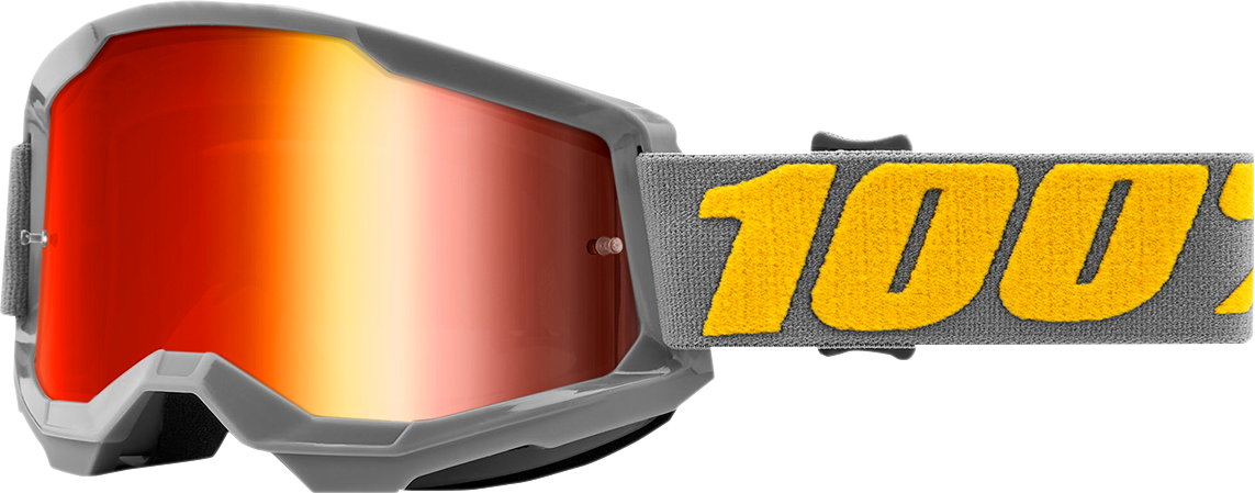 Bill's Exhausts 100% Strata 2 Izipizi goggles with red mirror lenses, showcasing sporty design and vibrant color.