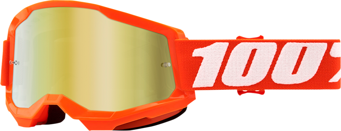 Bill's Exhausts 100% Strata 2 goggles in orange with gold mirror lenses, featuring a sleek design for riding protection.