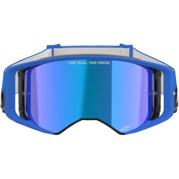 Alpinestars Supertech Goggle Stream Blue Mirror for racing and motocross, with blue frame and reflective mirror lens.