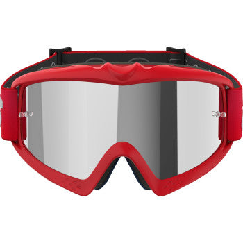 Alpinestars Youth Vision Goggle in Blaze Red with Silver Mirror lens, designed for young riders, shown with secure strap and sporty frame.