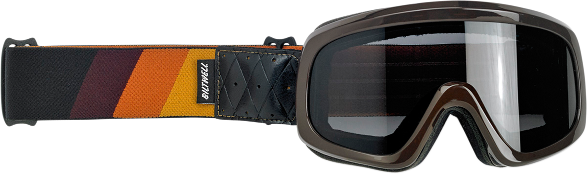 Bill's Exhausts BILTWELL Overland 2.0 Goggles with tri-stripe in gold, rust, and brown, featuring tinted lenses and adjustable strap.