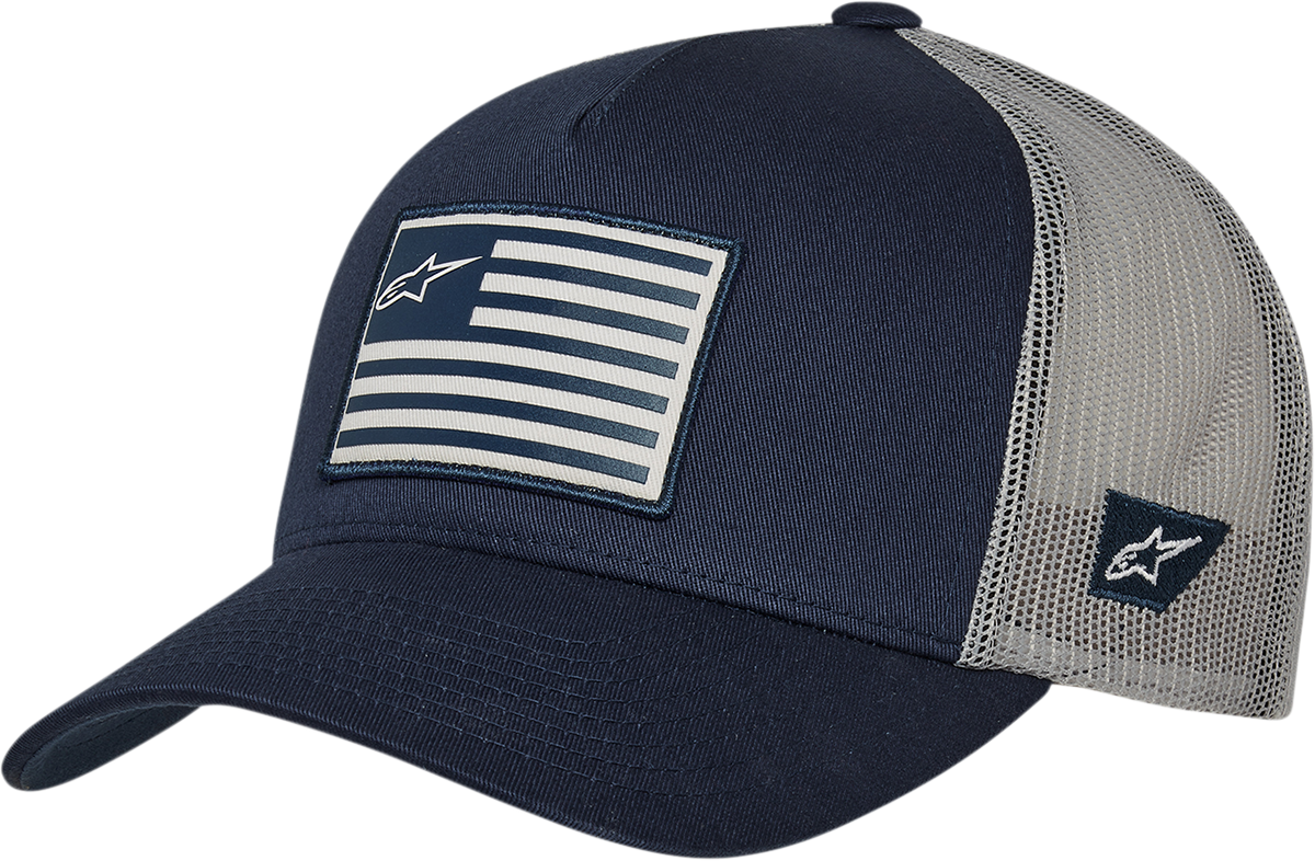 Alpinestars navy and gray flag snapback hat with adjustable fit, featuring embroidered logo on front, casual streetwear style.