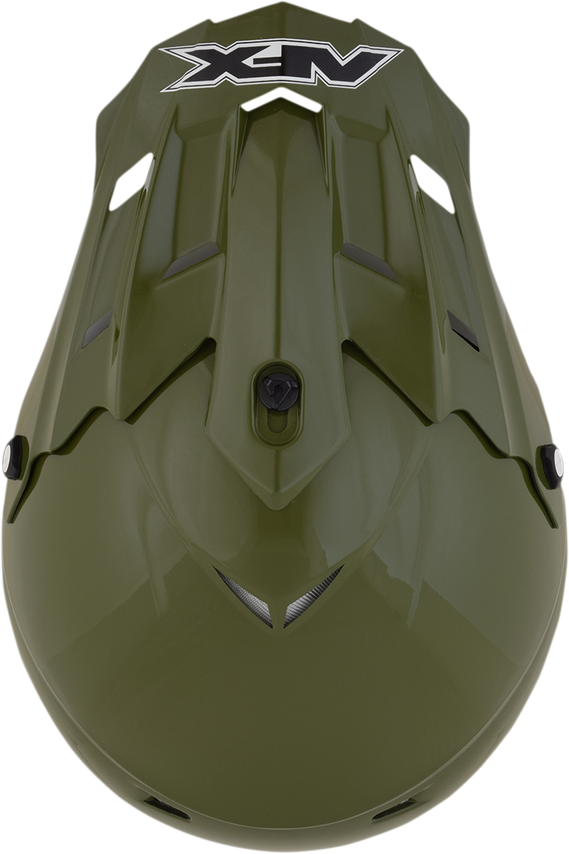 Bill's Exhausts AFX FX-17/FX-17Y Peak helmet in glossy olive color with black accents, featuring a sleek aerodynamic design.