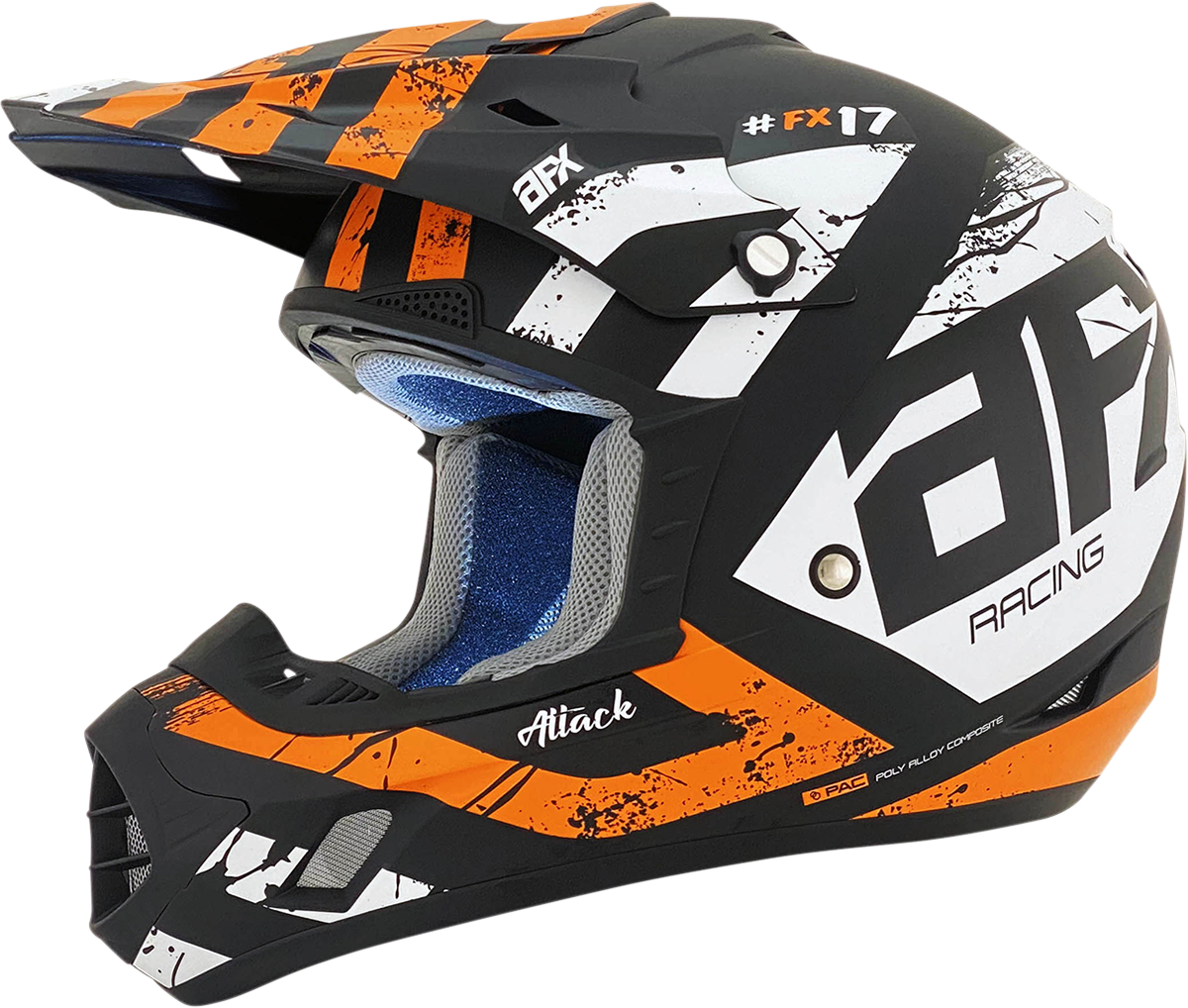 AFX FX-17 Attack helmet in matte black and orange, XS size, designed for motorcycle riders, featuring a sleek helmet with bold color accents.