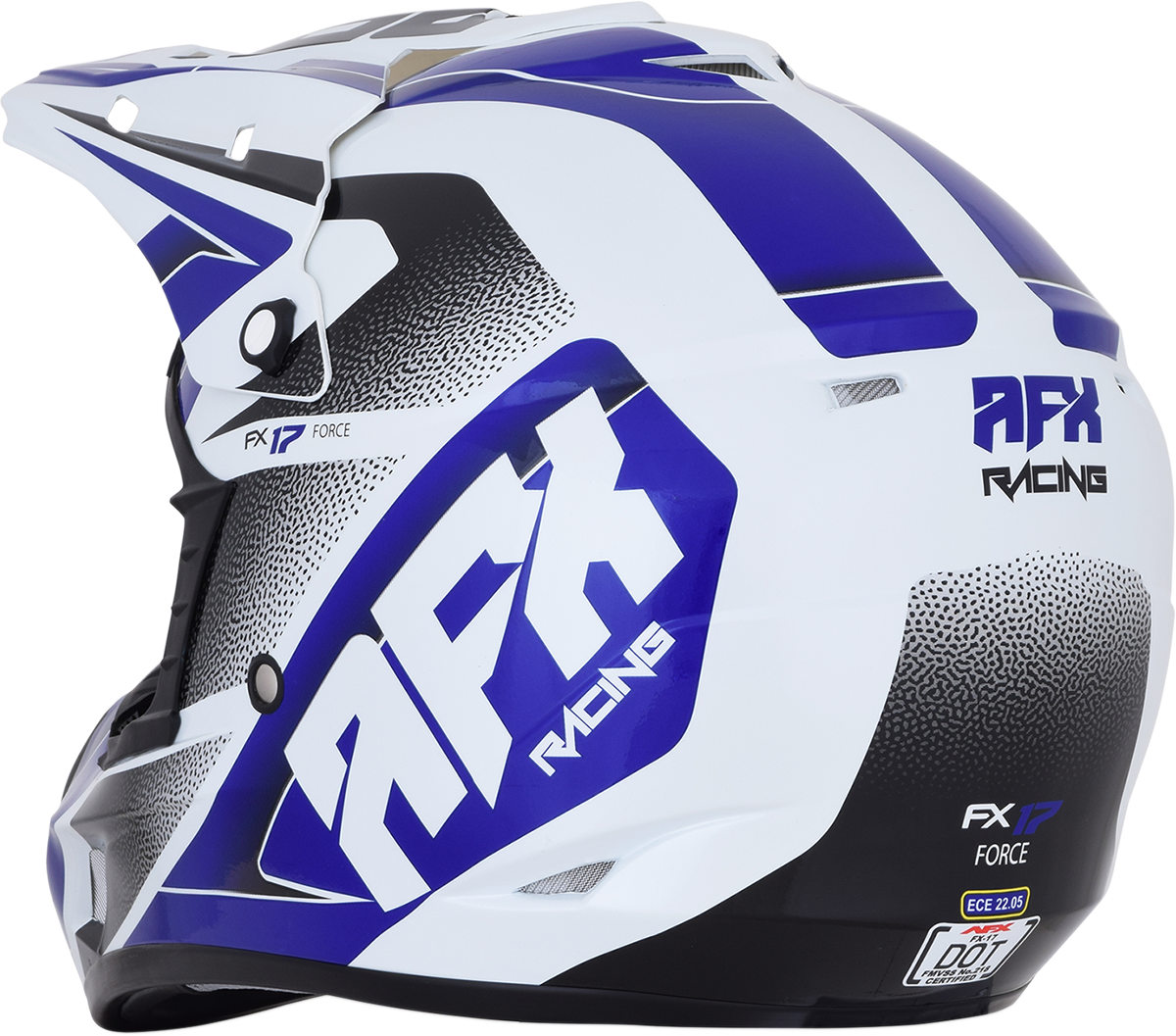 Bill's Exhausts AFX FX-17 helmet in Force Pearl White and Blue, medium size, featuring a sleek motorcycle helmet design.