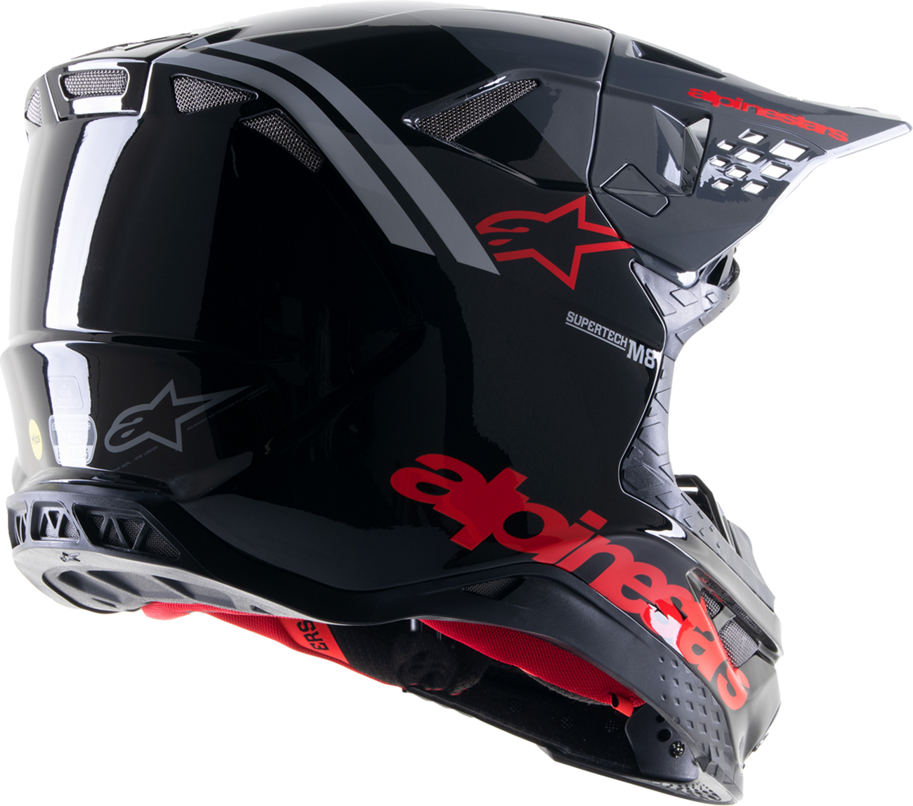 Alpinestars Supertech M8 Helmet Radium 2 MIPS in gloss black and neon red, medium size, designed for motorcycle racing.