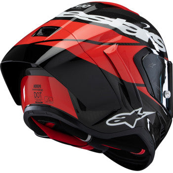 Alpinestars Supertech R10 racing helmet in carbon, red, and white with size large, featuring aerodynamic design and ventilation.