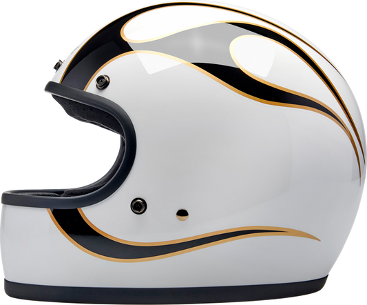 BILTWELL Gringo helmet with flames design in white and black, large size, featuring a sturdy motorcycle helmet with bold flames pattern.
