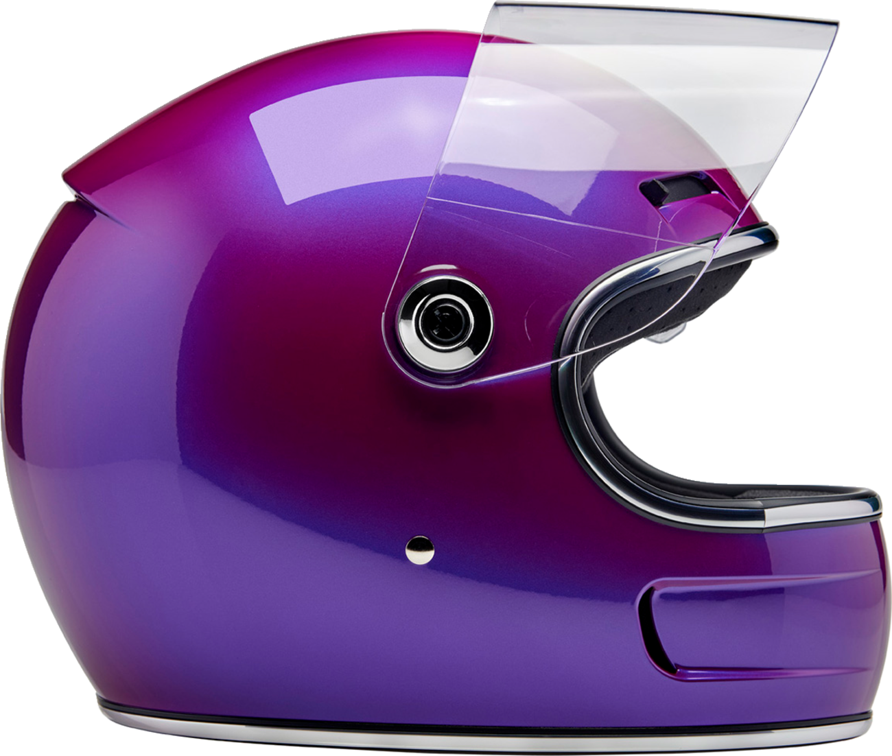 BILTWELL Gringo SV Helmet in metallic grape color, XS size, showcasing the sleek motorcycle helmet design with brand logo.