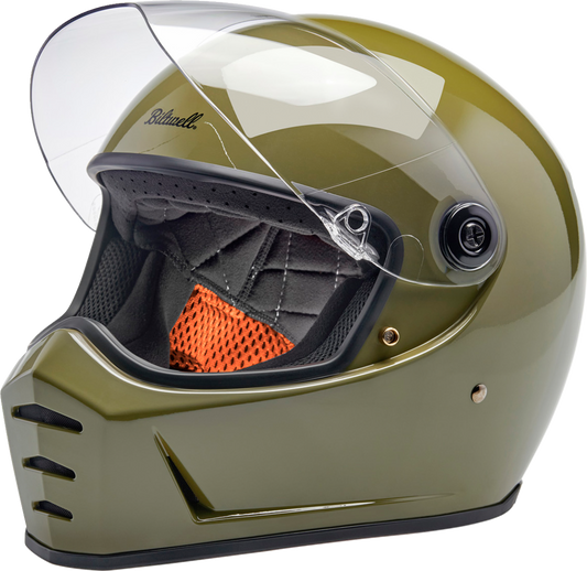 BILTWELL Lane Splitter helmet in gloss olive green, XS size, motorcycle helmet with sleek design and secure strap
