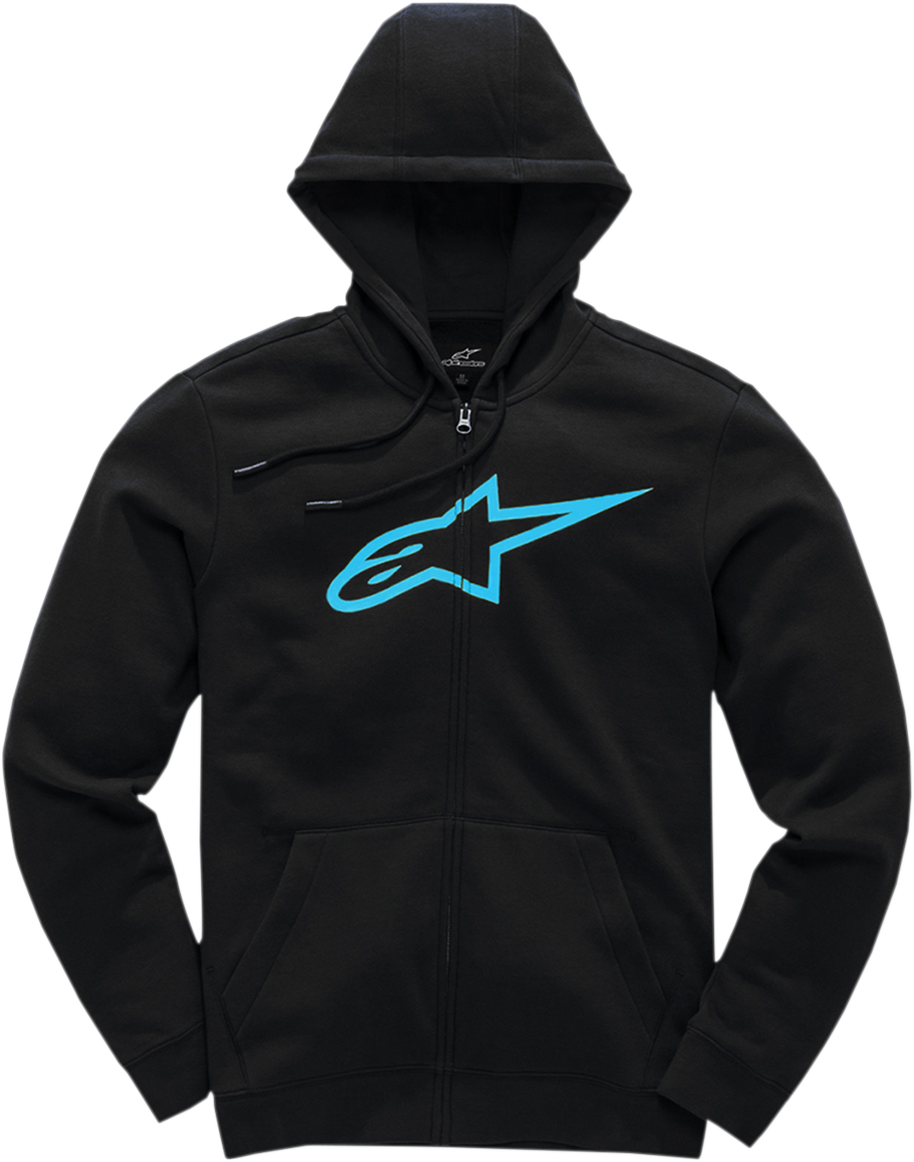 Alpinestars Ageless 2 zip hoodie in black and turquoise, XL size, featuring a front zipper and stylish casual design.