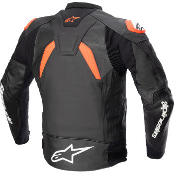 Alpinestars GP Plus R v4 Leather Motorcycle Jacket in black, fluo red, and white with US size 46, EU size 56, displayed on a hanger.