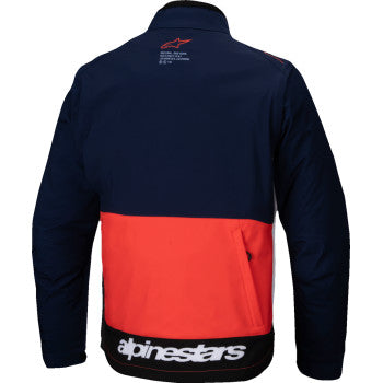 Alpinestars Lite-Dura Softshell Jacket in navy, orange, and white, small size, shown with front view and softshell fabric.