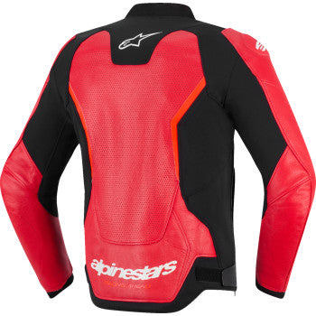 Alpinestars GP Force Air Flo leather motorcycle jacket in red, size 58, with padded armor and ventilated design.
