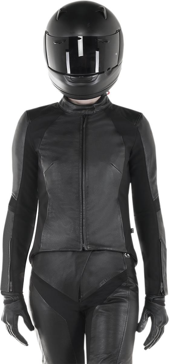 Alpinestars Stella Vika v2 women's black motorcycle jacket displayed on a hanger, US size 4, EU size 40, in stock.