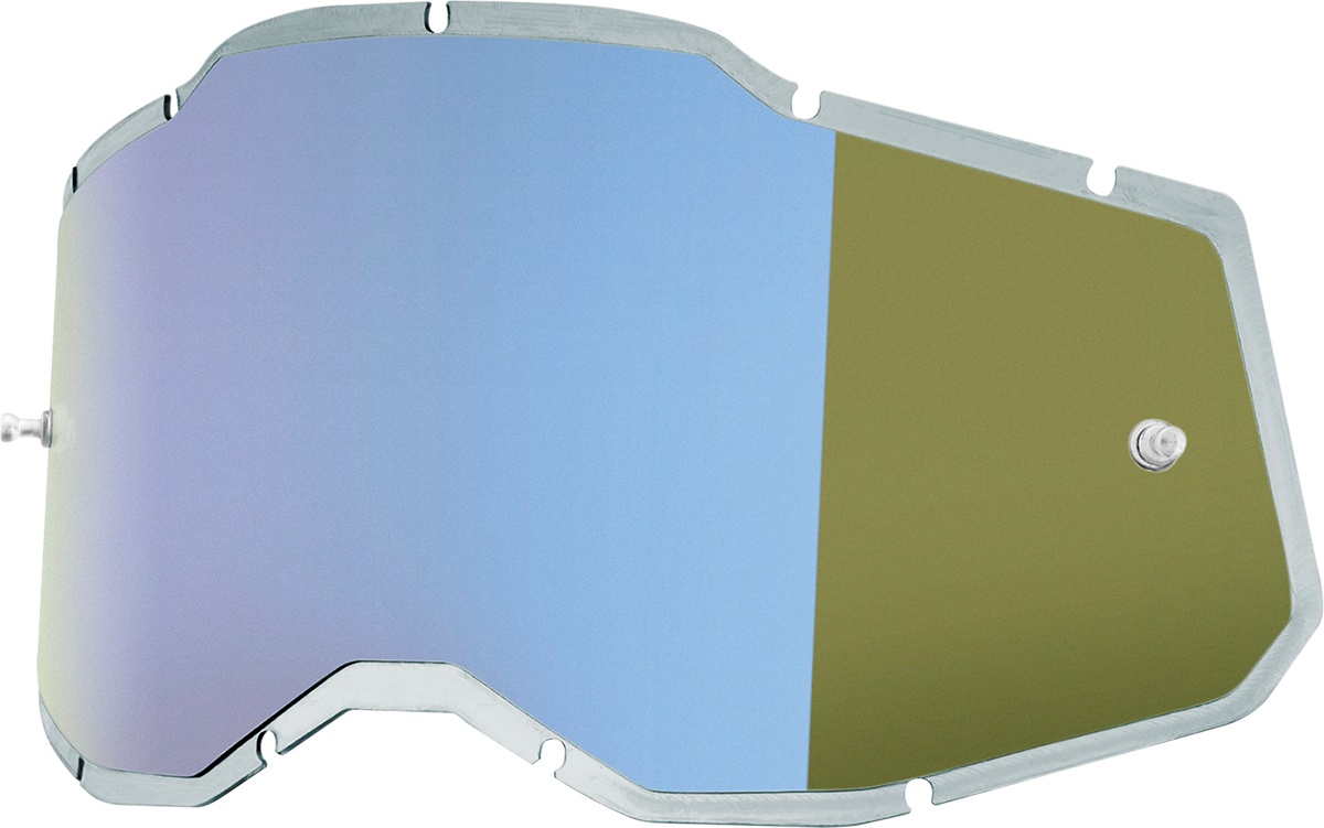 Injected blue mirror lenses for Accuri 2, Racecraft 2, and Strata 2 helmets by Bill's Exhausts, featuring high-visibility blue mirror coating.
