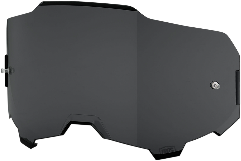 Bill's Exhausts 100% Armega Lens in dark smoke, designed for motorcycle helmets, with tinted, protective lens surface.